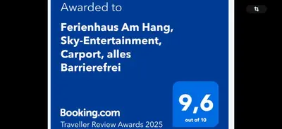 Ein Zertifikat, Auszeichnung, Logo oder anderes Dokument, das in der Unterkunft Ferienhaus Am Hang, Sky-Entertainment, DAZN, Carport, alles Barrierefrei ausgestellt ist