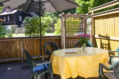 Ein Patio oder anderer Außenbereich in der Unterkunft Ferienwohnung Ferienhäuser am Brocken, 60 qm 2 Schlafzimmer