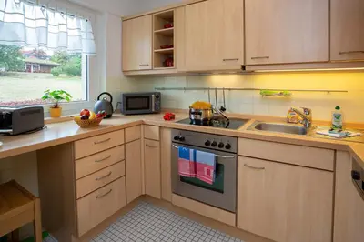 Küche/Küchenzeile in der Unterkunft FeWo Harzer Wiesenblick, bis 2 Hunde willkommen, W-Lan, Sauna, DTV 4 Sterne, 3 Pfoten
