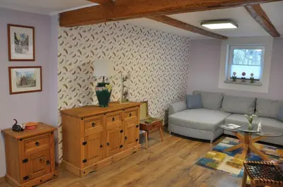 Ein Sitzbereich in der Unterkunft Ferienhaus Am Mühlenberg Thale Westerhausen