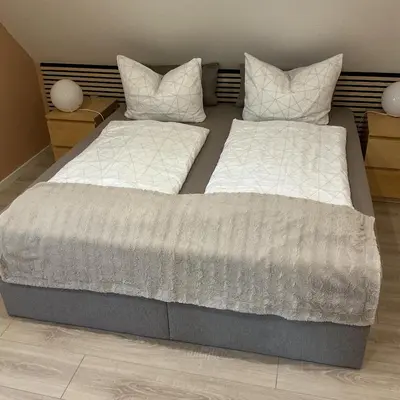 Ein Bett oder Betten in einem Zimmer der Unterkunft Ferienwohnung Waldhöhe -sonniger Balkon-Boxspringbett-Ladestation E-Auto