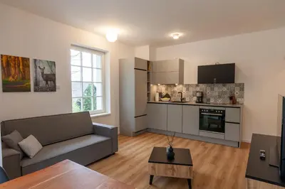 Küche/Küchenzeile in der Unterkunft Ferienwohnung Hirschmann 2 mit Sauna und Balkon