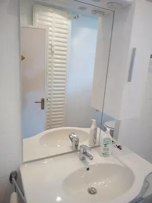 Ein Badezimmer in der Unterkunft Ferienwohnung ENDORA im Harzer Stil, Handgefertigte Möbel - WLAN- GARAGE - Wandern-Mountainbike-Motorradurlaub