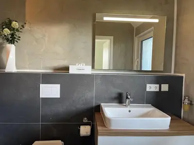 Ein Badezimmer in der Unterkunft Ferienhaus Harzer Bergwelten mit Sauna, Grill und Garten