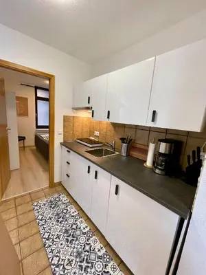 Küche/Küchenzeile in der Unterkunft HIRSCH Stadt Apartment 2 - Terrasse mit Flussblick - Parkplatz