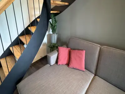 Ein Sitzbereich in der Unterkunft modernes Chalet in Hahnenklee