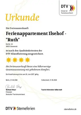 Ein Zertifikat, Auszeichnung, Logo oder anderes Dokument, das in der Unterkunft Ilsehof Apartment Ruth ausgestellt ist