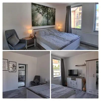 Ein Bett oder Betten in einem Zimmer der Unterkunft Ferienhaus Wasserkunst am Butterberg - Blockhalde