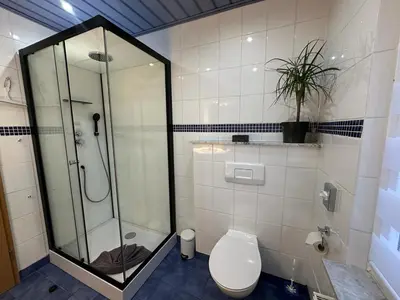 Ein Badezimmer in der Unterkunft Christels Ferienwohnung 2 in Thale mit überdachter Terrasse, Küche mit TV & Geschirrspüler