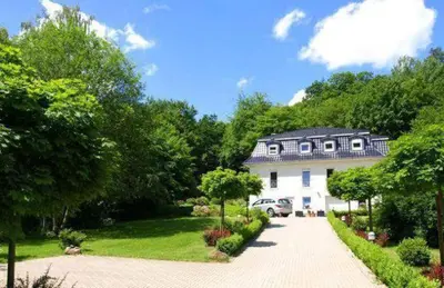 Ein Garten an der Unterkunft Weißes Haus am Kurpark, Fewo Bergblick