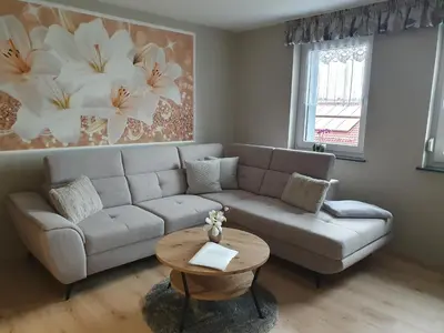 Ein Sitzbereich in der Unterkunft Ferienwohnung-Thale-Ritter