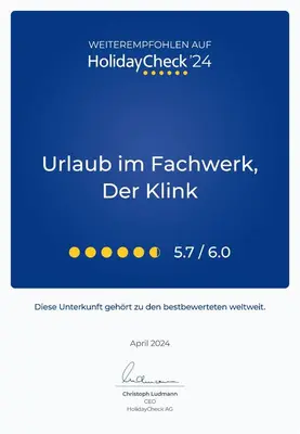 Ein Zertifikat, Auszeichnung, Logo oder anderes Dokument, das in der Unterkunft Urlaub im Fachwerk - Klink ausgestellt ist