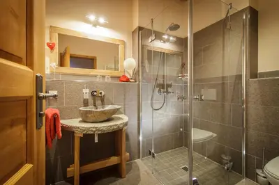 Ein Badezimmer in der Unterkunft Luxus Ferienhäuser Chalets zum Ilsetal mit Kamin & Sauna in Ilsenburg im Harz