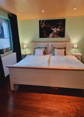 Ein Bett oder Betten in einem Zimmer der Unterkunft Ferienwohnung Schwarzer Hirsch