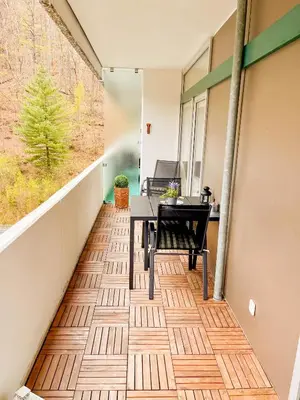 Ein Balkon oder eine Terrasse in der Unterkunft Waldoase I inkl Sauna-und Schwimmbadnutzung