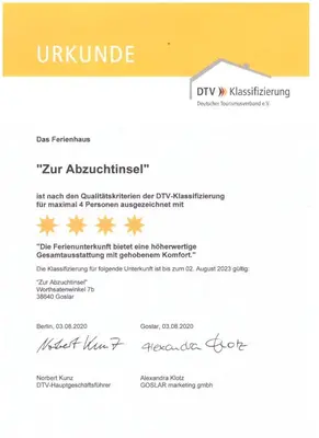Ein Zertifikat, Auszeichnung, Logo oder anderes Dokument, das in der Unterkunft Ferienhaus Zur Abzuchtinsel ausgestellt ist