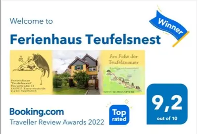 Ein Zertifikat, Auszeichnung, Logo oder anderes Dokument, das in der Unterkunft Ferienhaus Teufelsnest ausgestellt ist