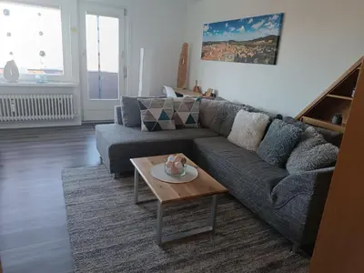 Ein Sitzbereich in der Unterkunft Ferienwohnung Harz Valley -Mit Fernblick in den Harz.