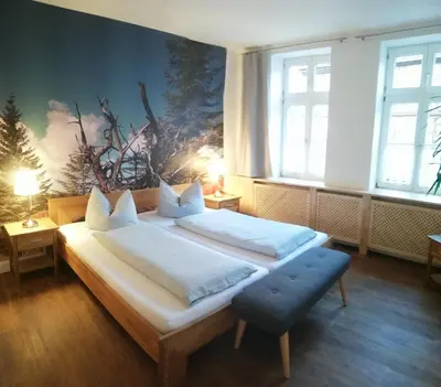Ein Bett oder Betten in einem Zimmer der Unterkunft Ferienwohnung / Hotel Zur Tanne