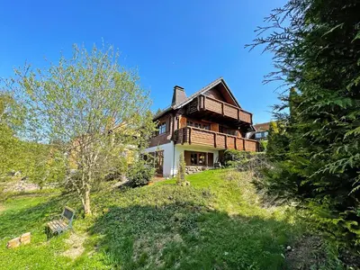 Ein Garten an der Unterkunft Ferienblockhaus 'Am Kunstberg'